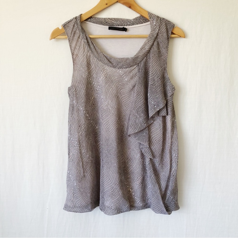 DAVID LAWRENCE Size 10 Beige Grey Abstract Sleeveless Ruffle Chiffon Top Career - Picture 1 of 12